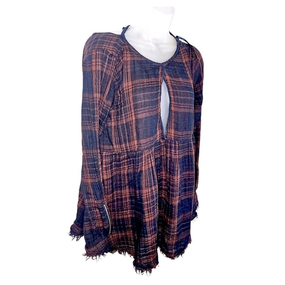 Free People 'Swing Me Baby" Mini Flowy Navy Rust Plaid Babydoll Dress Sz M‎ Boho